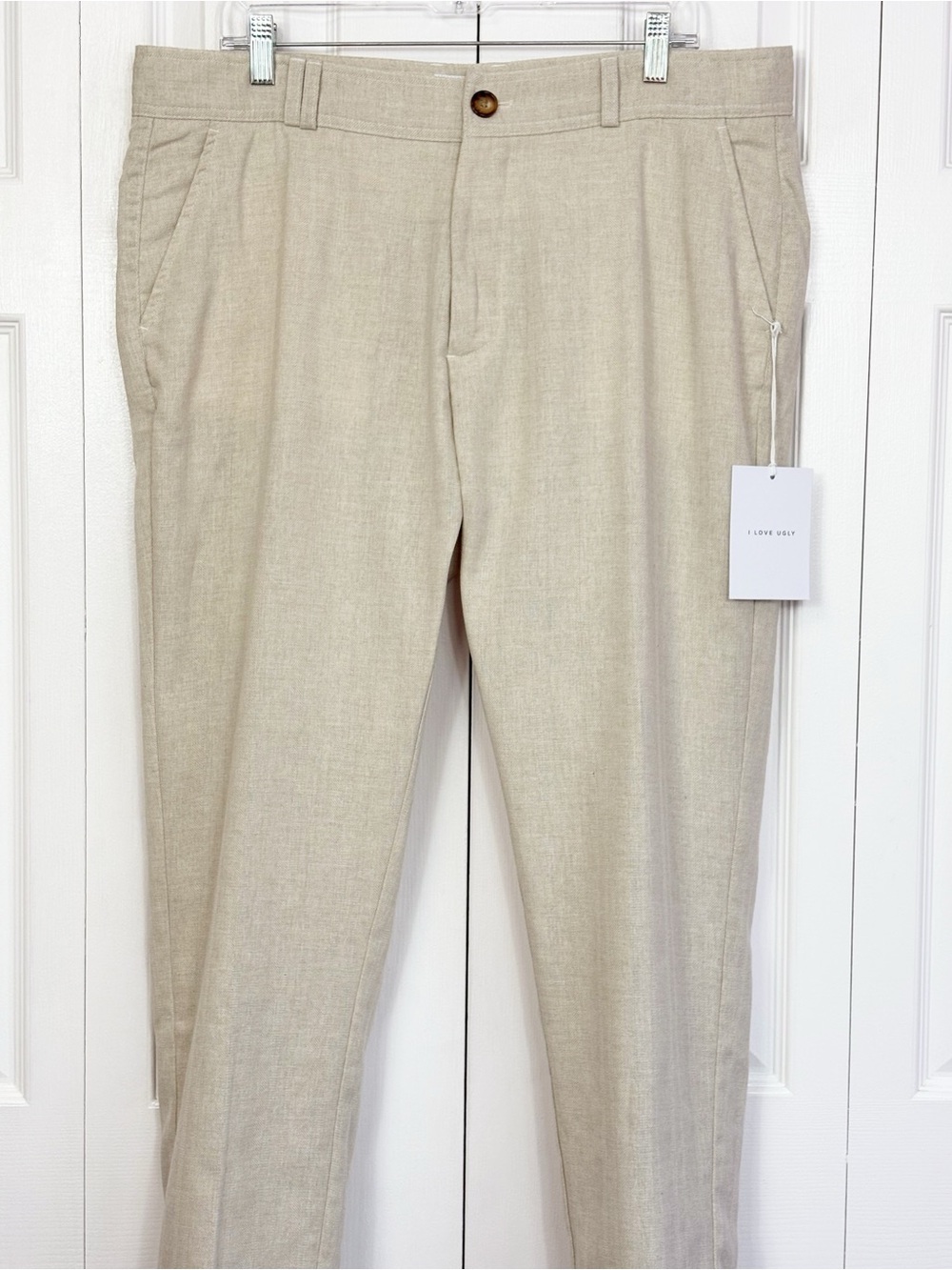 NWT I Love Ugly Men's Bone Herringbone Linen Slim Fit Crop Kobe Pants